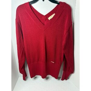 Michael Kors Red Metallic Knit Long Sleeve V Neck Sweater Small Cross Back Shirt